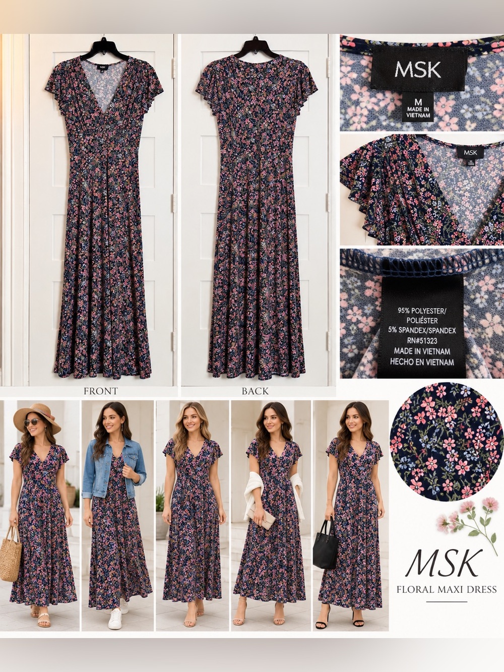 MSK Navy Floral Maxi Dress Size M Flutter Sleeve V-Neck Stretch